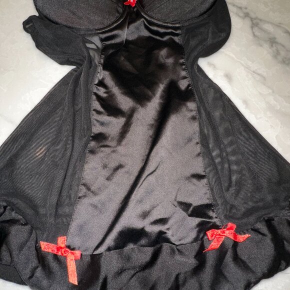 Rampage Black and Red Satin Babydoll Lingerie with Underwire Cups & Sheer Panels - Picture 2 of 4